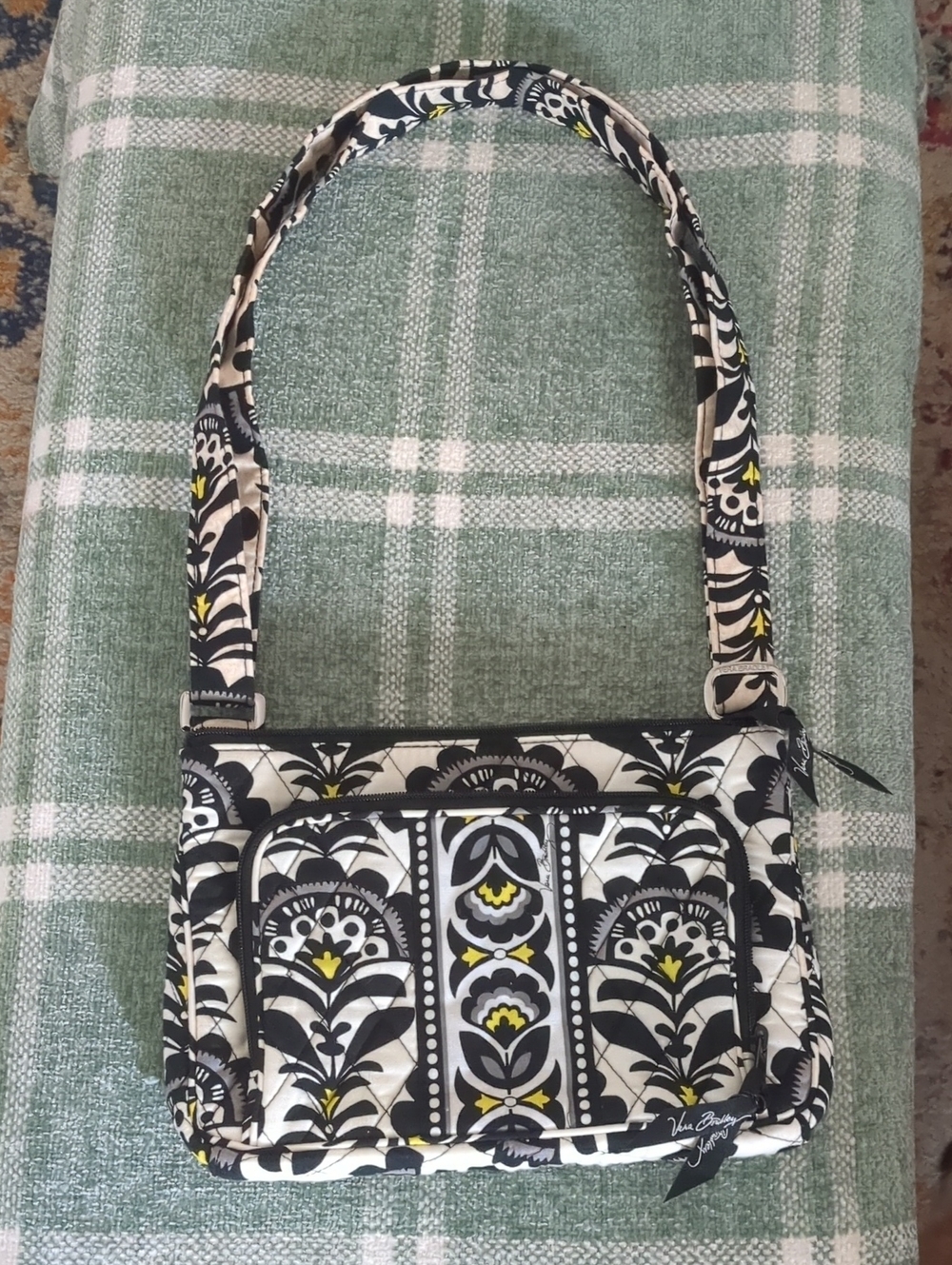 Vera Bradley Quilted Black & White Floral Crossbody Bag with Yellow Accents